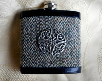 Harris Tweed hip flask beige and brown with Celtic knot retirement gift best man usher groomsman birthday 21st made in Scotlandnd  UK