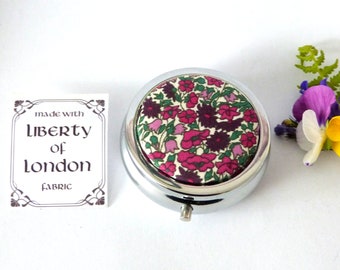 Trinket box with  Liberty of London Petal and Bud  "fabric Silver plated jewellery or pill box medicine container gift for her