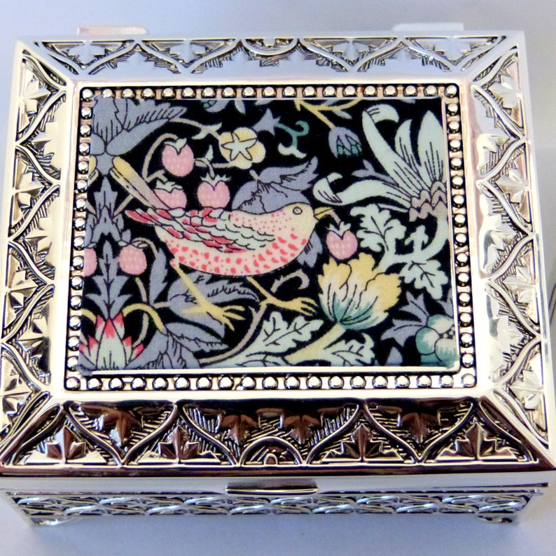 William Morris Silver plated trinket / small jewellery box with Liberty of London fabric Strawberry Thief in green grey and peach image 3
