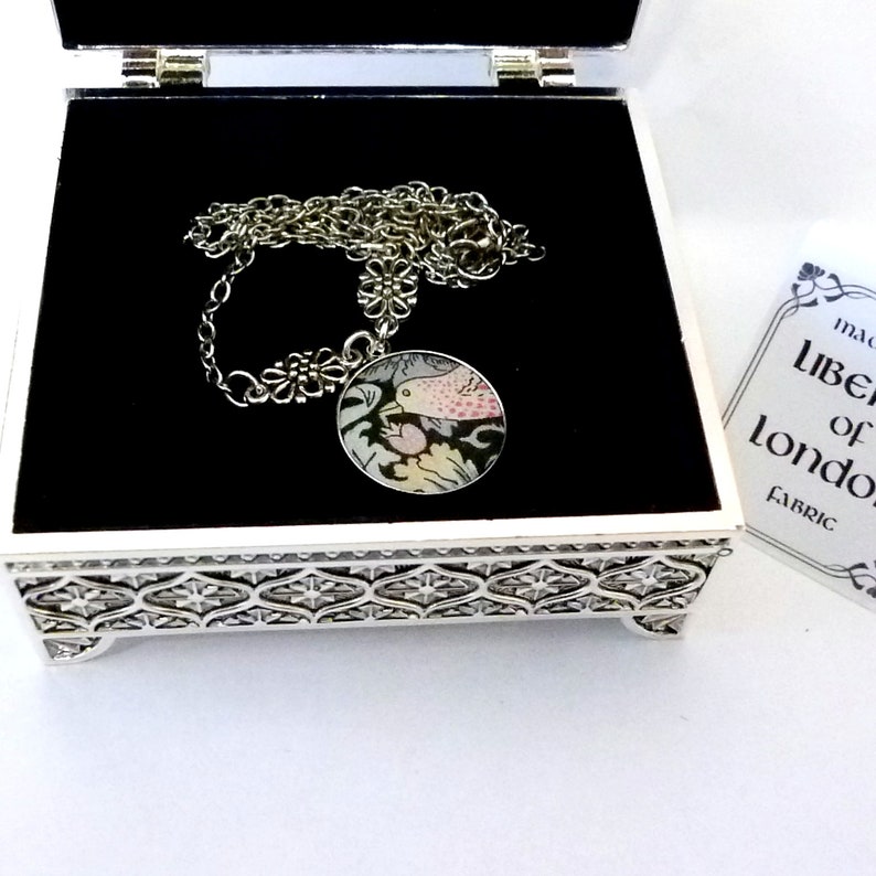 William Morris Silver plated trinket / small jewellery box with Liberty of London fabric Strawberry Thief in green grey and peach image 10
