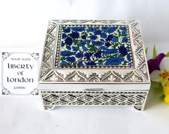 Deep blue and green "Petal and Bud" Tana Lawn fabric by Liberty of London Art Deco Silver plated trinket /small jewellery box gift for her