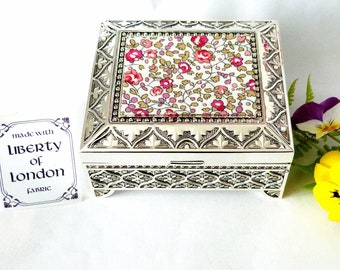 Eloise Tana Lawn Liberty of London fabric on Art Deco Silver plated trinket / small jewellery box  gift