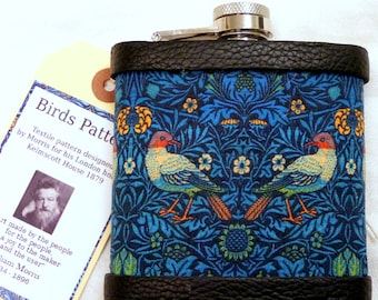 Hip flask in William Morris Birds fabric gift for art lover, groomsman, best man, bridesmaid father or mother