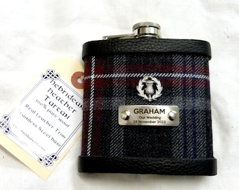 Tartan hip flask Hebridean Heather with thistle and personalised engraved stainless steel tag with any name, date, motto etc.