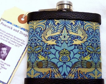 Hip flask Peacock and Dragon William Morris fabric gift for art lover, groomsman, best man, bridesmaid father or mother, him or her