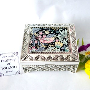 William Morris Silver plated trinket / small jewellery box with Liberty of London fabric Strawberry Thief in green grey and peach image 1