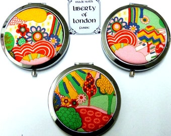 Liberty of London Sunny Afternoon fabric Compact pocket Mirror retro 1960s hippy style small luxury gift for her mother sister best friend