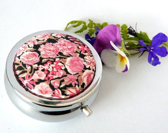 Pretty rose theme floral Liberty of London fabric  pink and red, Silver plated trinket or pill box medicine container