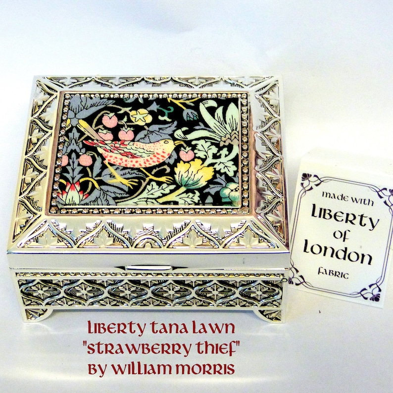 William Morris Silver plated trinket / small jewellery box with Liberty of London fabric Strawberry Thief in green grey and peach image 2