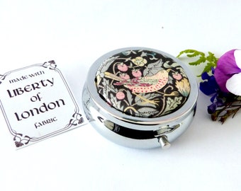 Green grey and pink  Strawberry Thief William Morris Liberty of London fabric Silver plated trinket or pill box