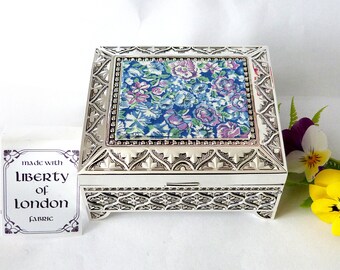 Lilac and blue "Chive" Tana Lawn fabric by Liberty of London on Art Deco Silver plated trinket / small jewellery box  gift for her