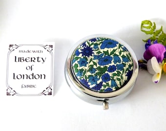 Trinket box with deep blue "Petal and Bud" Liberty of London fabric Silver plated jewellery or pill box medicine container gift for her