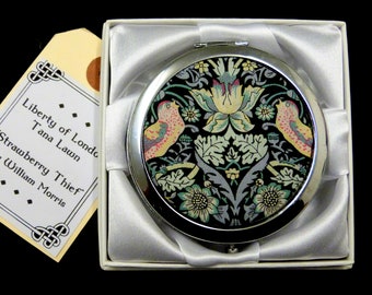 Compact mirror Liberty of London mint green, grey and peach Strawberry Thief William Morris fabric luxury gift for mother sister best friend
