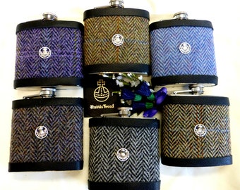 Harris Tweed Groomsmens gifts Hip Flasks in traditional Herringbone weaves with thistle Best Man Father of Bride or Groom in sets of 3-6