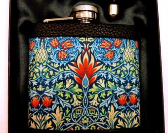 Hip flask in William Morris Snakeshead fabric gift for art lover, groomsman, best man, bridesmaid father or mother friend sister or brother