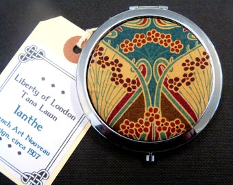 Liberty of London Ianthe fabric Compact Mirror Vintage Tea colours brown red green and ecru small luxury gift for mother sister best friend