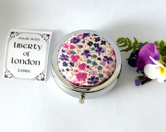 Liberty of London "Phoebe" fabric pink and purple on Silver plated trinket or pill box medicine container
