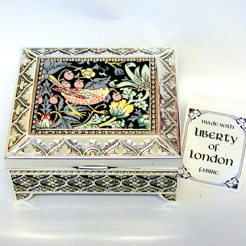 William Morris Silver plated trinket / small jewellery box with Liberty of London fabric Strawberry Thief in green grey and peach image 7