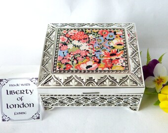 Thorpe Hill Tana Lawn fabric by Liberty of London on Art Deco Silver plated trinket / small jewellery box  gift