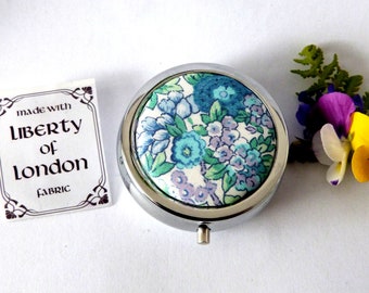 Elysian Liberty of London fabric Trinket box  teal blue floral Silver plated jewellery or pill box medicine container gift for her