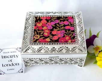 Liberty of London Wiltshire Tana Lawn fabric on Art Deco Silver plated trinket / small jewellery box  gift