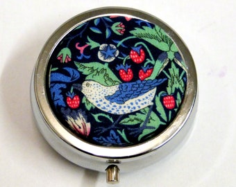 Blue and pink Strawberry Thief William Morris Liberty of London fabric, Silver plated trinket or pill box medicine container gift