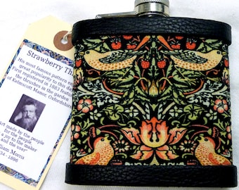 Strawberry Thief hip flask with William Morris fabric, black , ideal gift for art lover, groomsman, best man, father or mother, friend