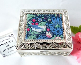 Blue and pink Strawberry Thief William Morris Liberty of London fabric on Art Deco Silver plated trinket / small jewellery box gift for her