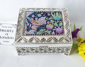 Strawberry Thief William Morris indigo with lilac green Liberty of London fabric on Art Deco Silver plated trinket / small jewellery box