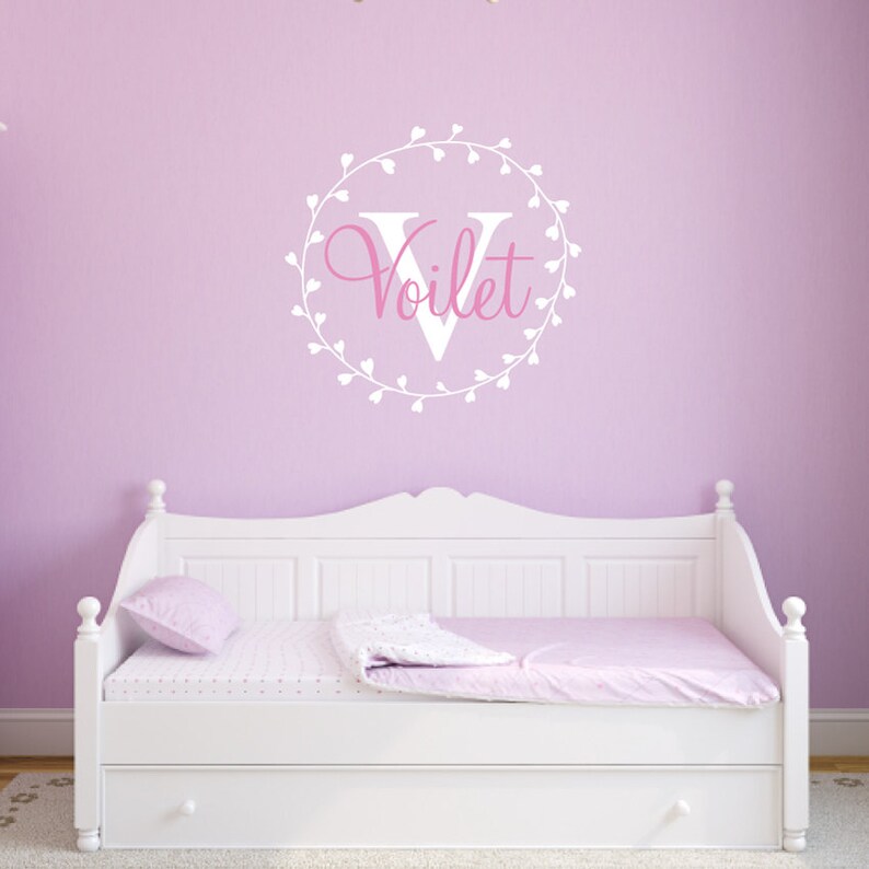 Vinyl Wall Decor Decal v3 Monogram Girl Name Leaf Wreath Custom Girls Name Bedroom Nursery