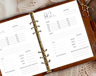 Könnte beinhalten: Ein weißer Planer mit goldenen Ringen. Der Planer hat einen Kalenderbereich mit dem Datum 2. Januar, einen Bereich für Termine, Notizen und einen Essensplan.