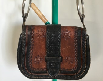 70's Tooled Leather Bag, Black and Burnt Caramel, Silver Hardware, Adjustable Strap, Size Medium