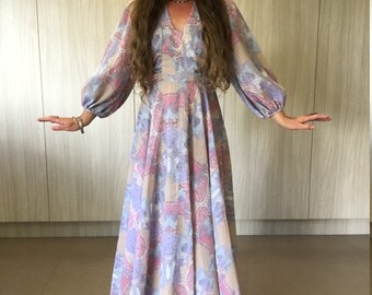 1970s FACE print art nouveau angel sleeve dress small new spring