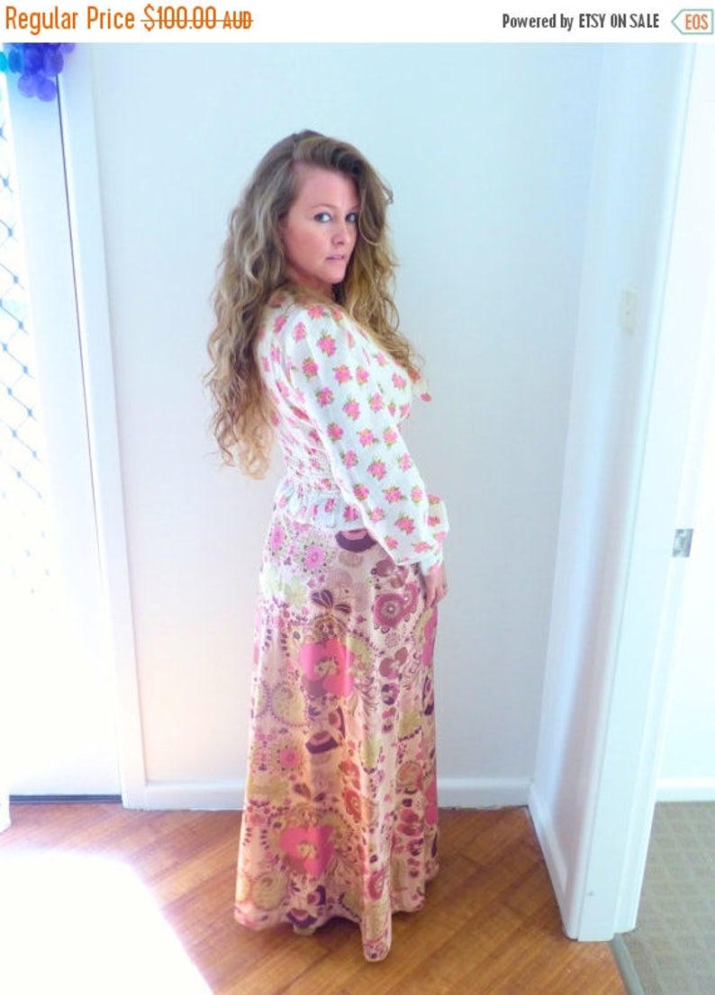 Sage Fabulous 70/'s Shimmer Maxi Skirt Fully Lined Size S Small Pink Cappuccino High Waist Flowers