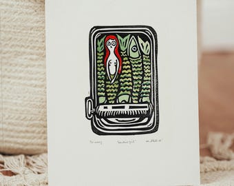 Sardine Girl | Hand Pulled Block Printed & Water Color Original Art | Signed Original | Kitchen Art | Linocut | Handmade