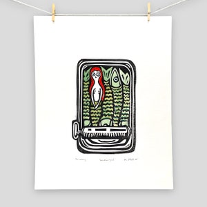 Sardine Girl | Hand Pulled Block Printed & Water Color Original Art | Signed Original | Kitchen Art | Linocut | Handmade