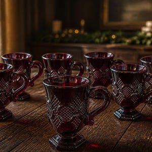 Puede incluir: Un juego de seis tazas de vidrio rojo intenso con un patrón geométrico en relieve de diamantes y círculos en el exterior. Cada taza tiene un asa resistente y una base de pedestal, hechas de vidrio color rubí translúcido y texturizado.