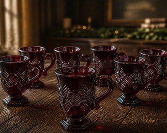 Vintage Avon 1876 Cape Cod Ruby Red Glass Mugs - Set of 7 Pedestal Coffee Cups
