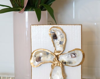 Oyster Shell Cross XL on Wood Block- Soft White - Coastal Art - North Carolina - Gilded Shells - Cross Painting