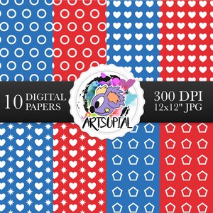 10 Red & Blue Patterned Digital Decorative Papers Shape Instant Download Illustration Scrapbooking Printable Colour Backgrounds
