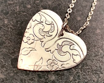 BALANCED HEART - Floral Pendant, Repurposed Pendant, Bespoke Jewelry, Heart Necklace Silverplate Jewelry, Silver Heart, SHP09