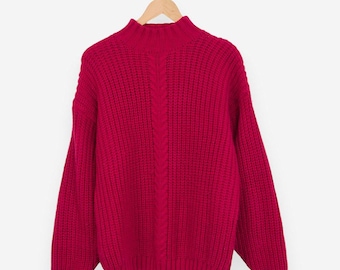 vintage 90s hot pink chunky cable knit pullover sweater size medium