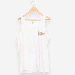 May include: White tank top with a rainbow-colored "Back to the Future" logo printed on the front.