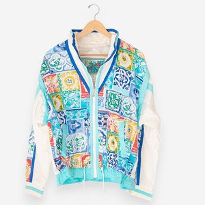 vintage 90s white floral/geometric zip up athletic winter windbreaker jacket size medium