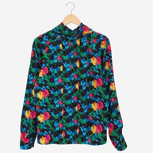 vintage 90s black michelle stuart geometric print long sleeve blouse size large