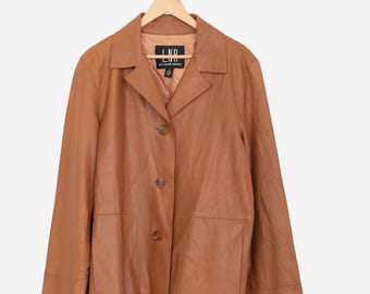 vintage 90s LNR brown leather button down coat size xl