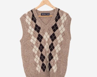 vintage 90s argyle print wool knit preppy grandpa sweater vest size medium