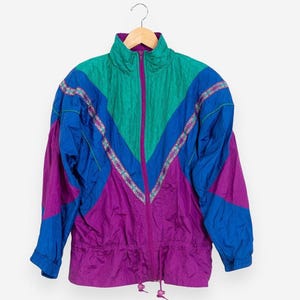 vintage 90s grunge color block zip up athletic windbreaker jacket size medium