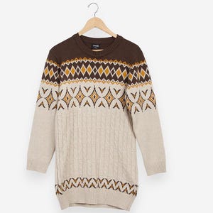 vintage 70s geometric fair isle bohemian cable knit pullover sweater size medium