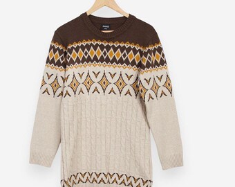 vintage 70s geometric fair isle bohemian cable knit pullover sweater size medium